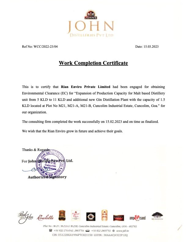 Work Completion Certificate_John DIstillery, Goa